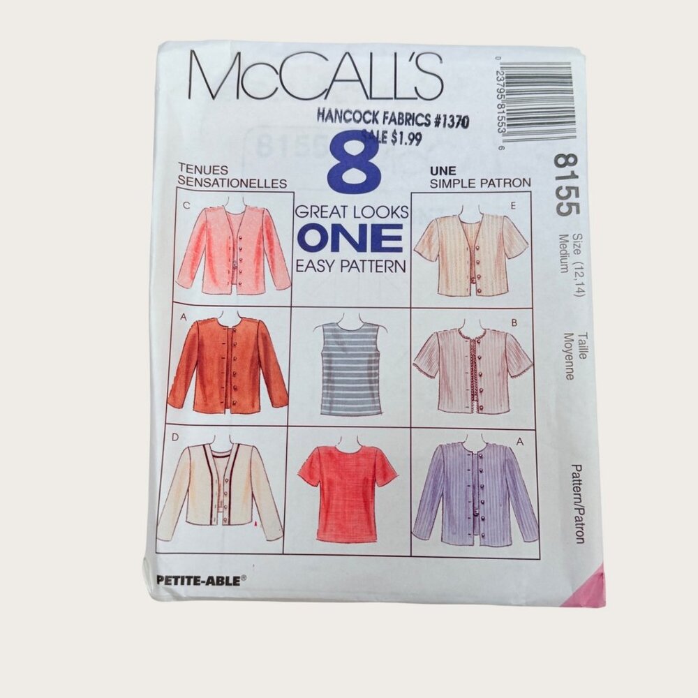 Vintage 1990s McCalls Sewing Pattern 8155 Misses Top Jacket Size 12-14 Medium